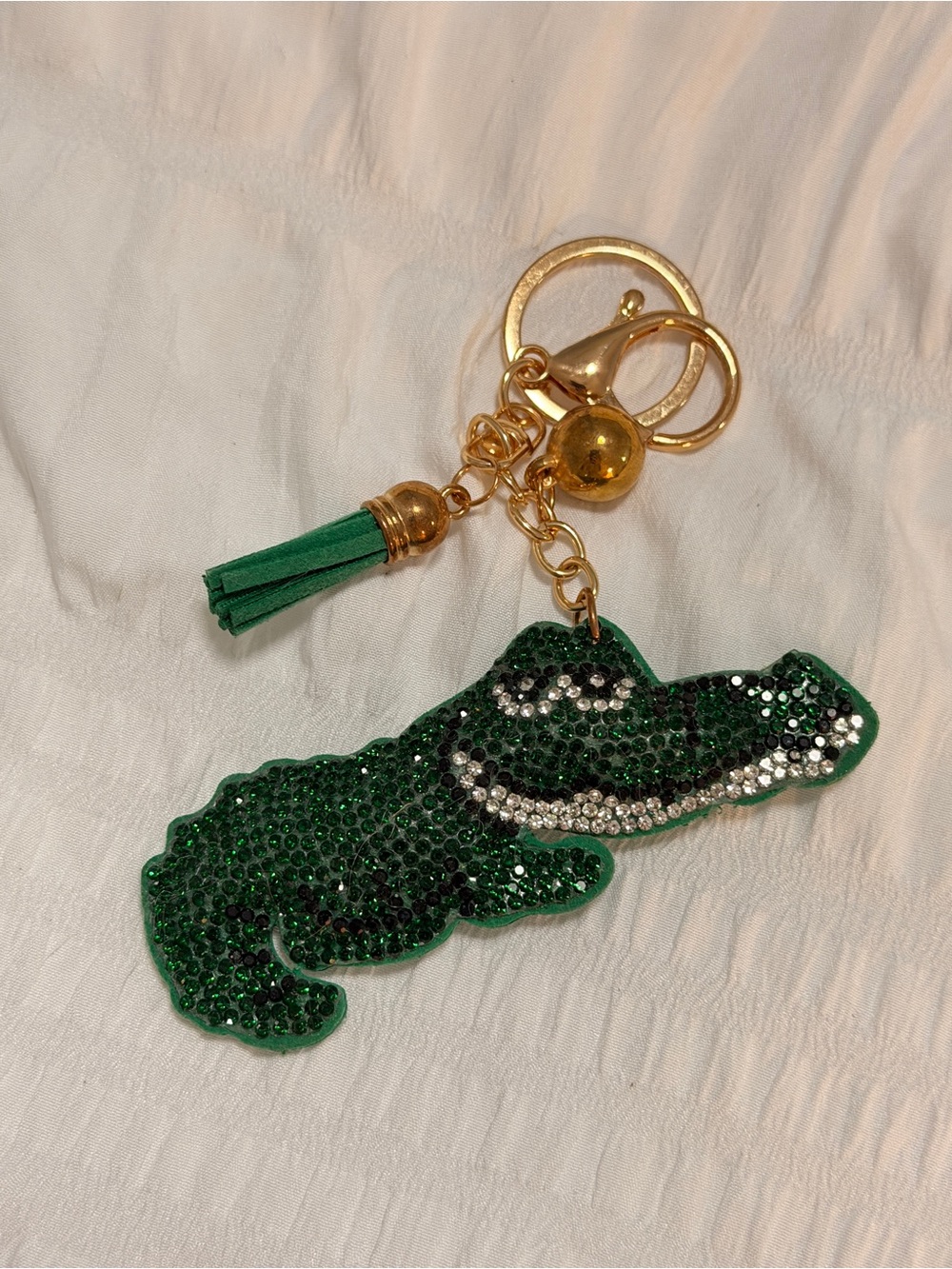Green Crystal Alligator Keychain with Gold Hardware